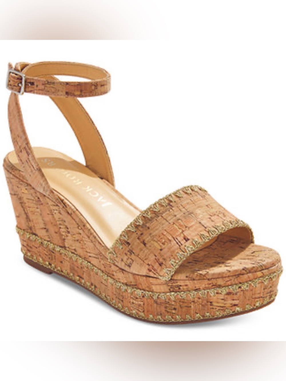JACK ROGERS Flagler Stitch Platform-Wedge-Sandals in Cork-Gold. Size 9